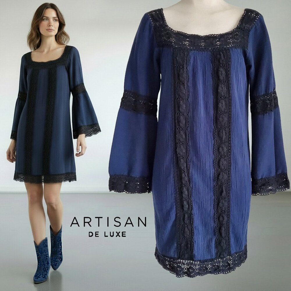 Artisan de Luxe Crochet Lace Detail Long Sleeve Mini Dress Cowgirl Boho Style XS